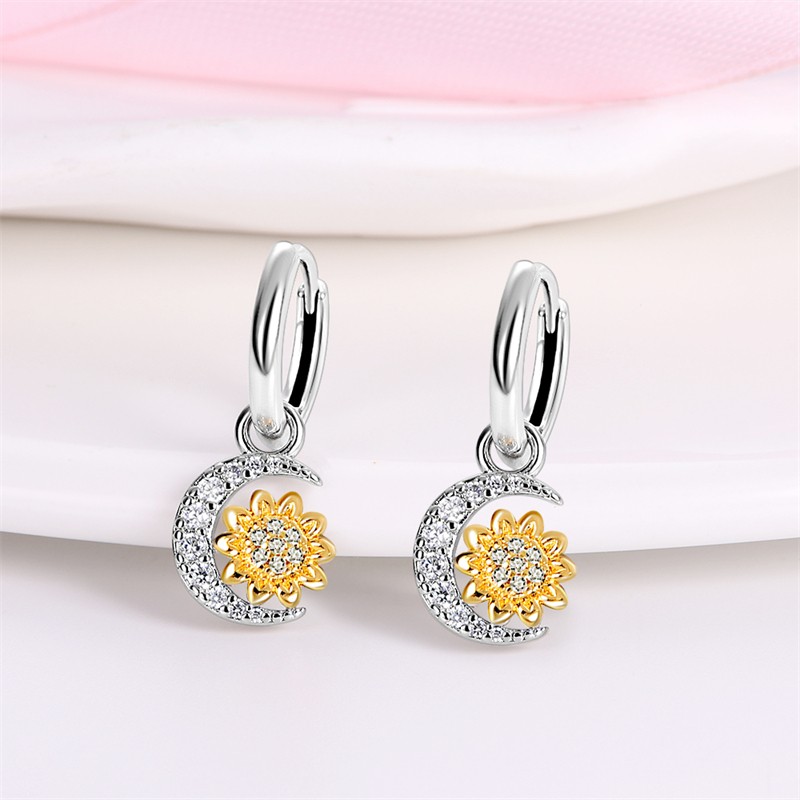PANDACH 925 Sterling Silver Tiny Sunflower & Moon Drop Earrings For Women Hoops