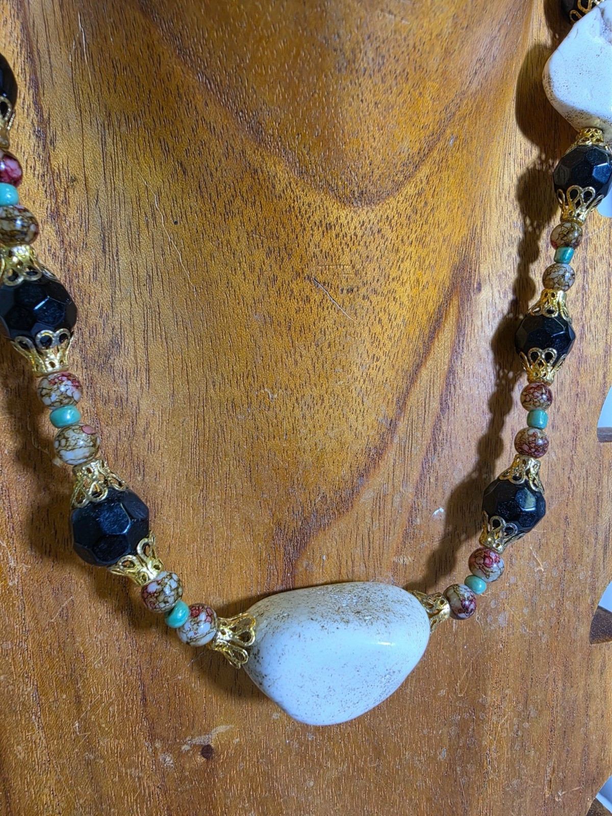 Handmade White Stone Black Gold Beaded Necklace Boho Statement New