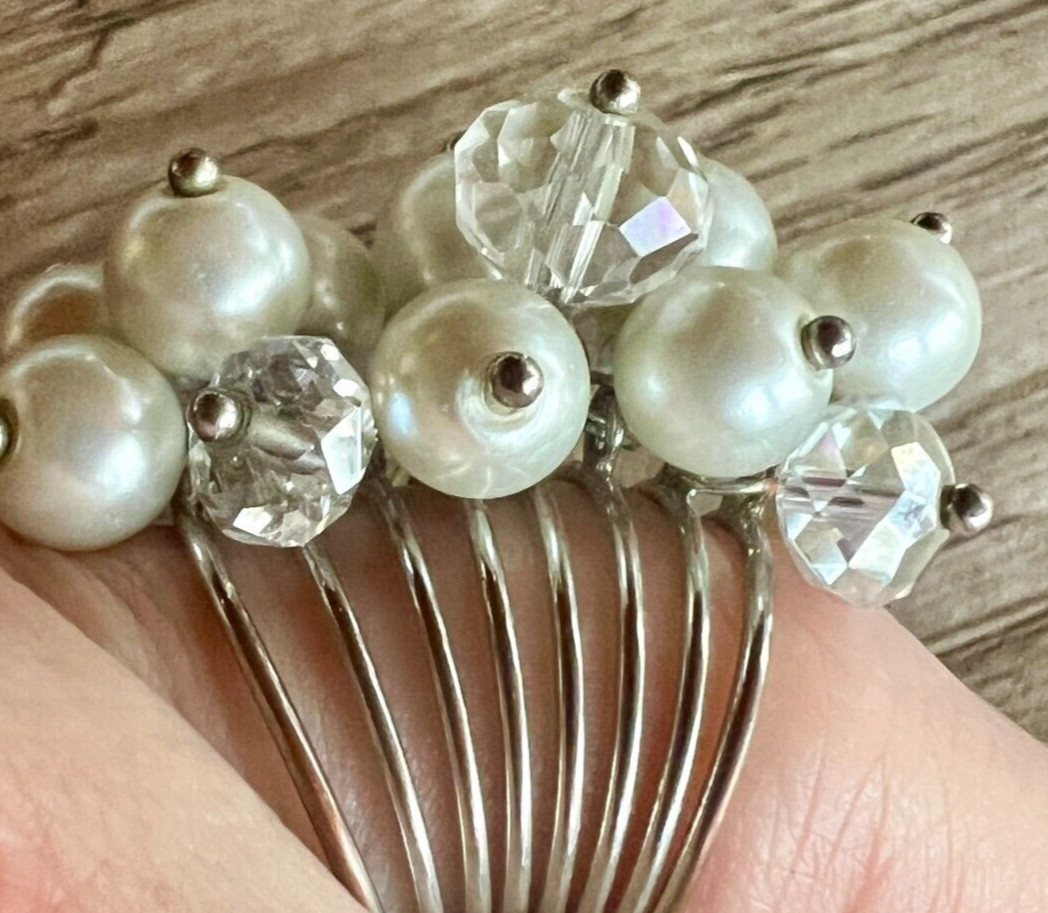 Vintage Faux Pearl & Crystal Cluster Statement Ring Adjustable Multi-Band Unique