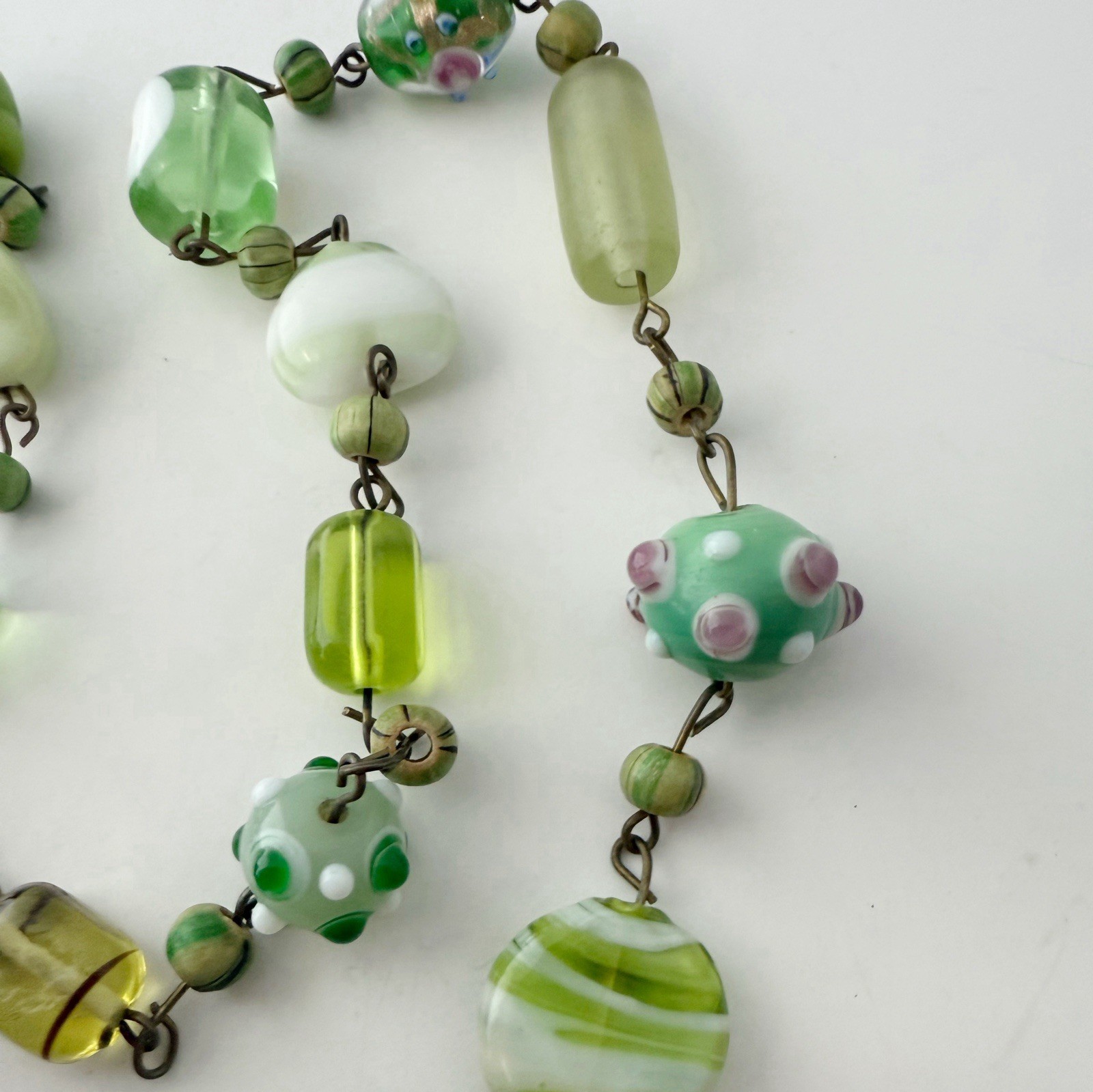 Vintage Green Multicolor Lampwork Art Glass Beaded Heart Drop Necklace