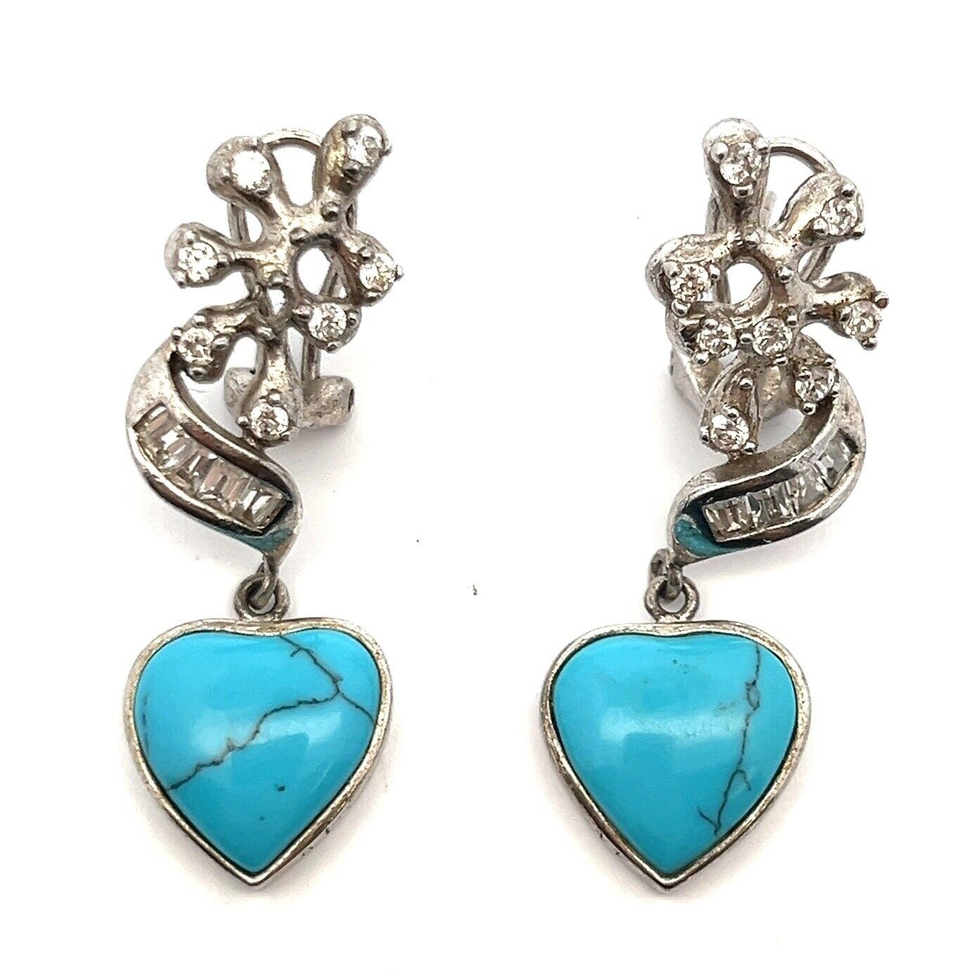 925 Sterling Silver Omega Back CZ & Turquoise Heart Dangle Earrings 9.1g