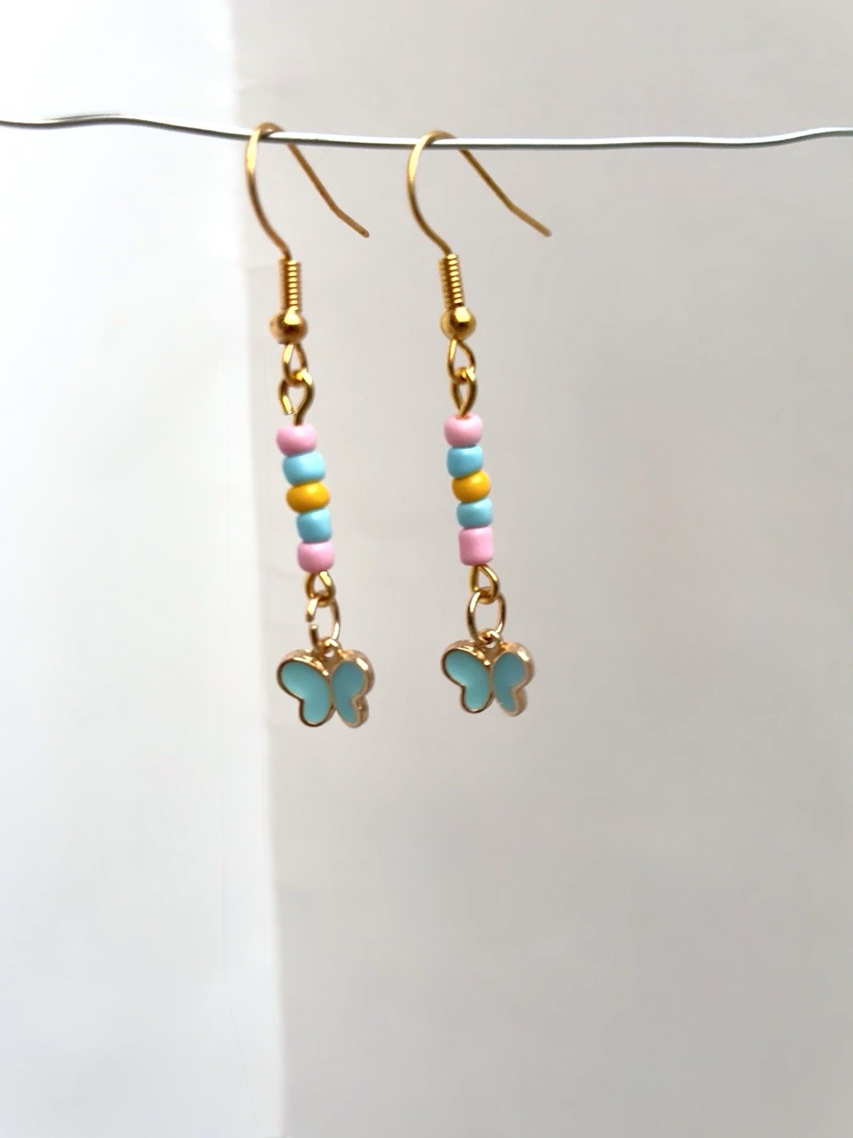 Gold Tone Multicolor Beaded Butterfly Dangle/Drop Hook Earrings