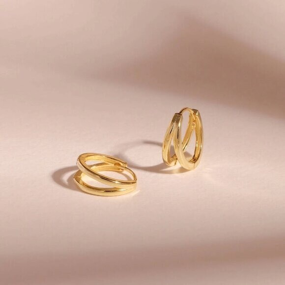 Gold Huggie Earrings Double Hoop Small Thick 18K Gold Huggies For Everyday Wear