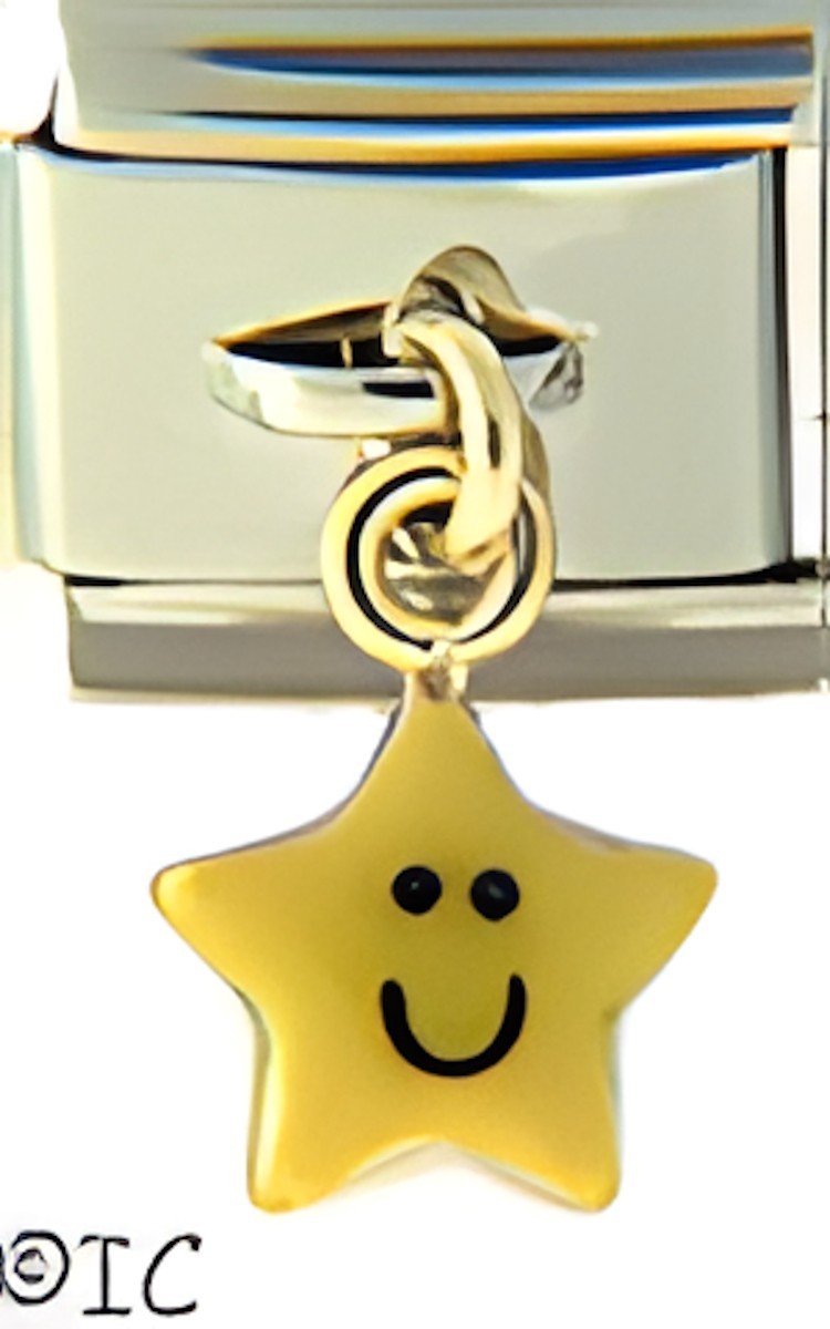 Puffy Happy Yellow Star Dangle Gold Enamel 9mm Italian Charm Bracelet Smile Link
