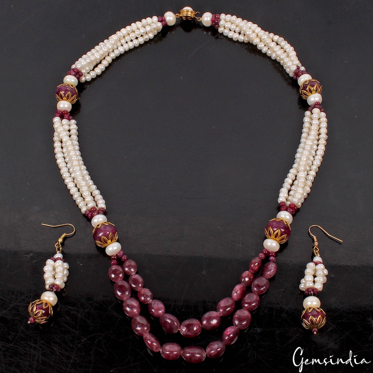 Handmade Natural Ruby Pearl Round Cabochon Gemstone Beaded Necklace Earrings~22″