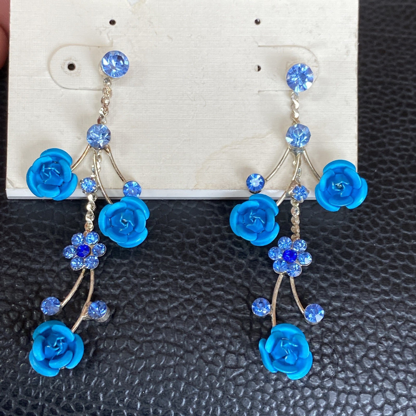 Faceted Blue Rhinestone Retro Aluminum Rose Dangle Silvertone Flower Earrings