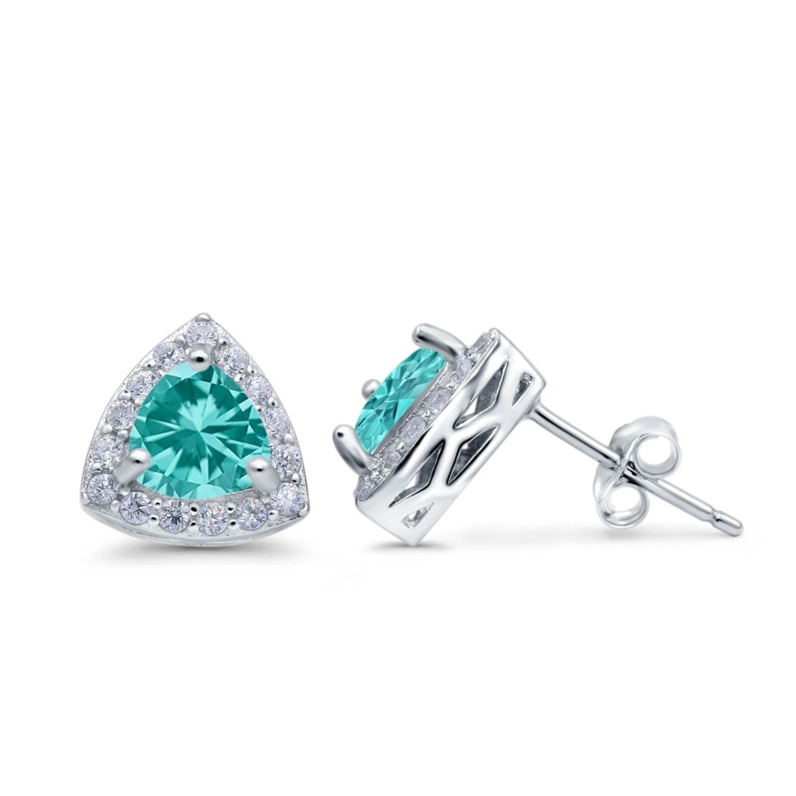 Paraiba Simulated Tourmaline Trillion Halo Stud Earrings – Solid Sterling Silver