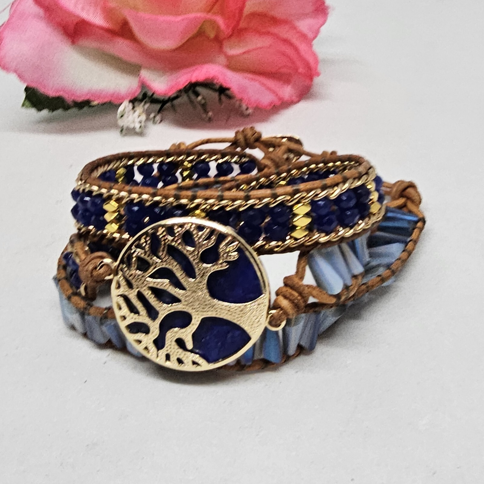 Blue Lapis Lazuli Tree of Life Bracelet Gold Crystal Braded Wrap Leather Boho