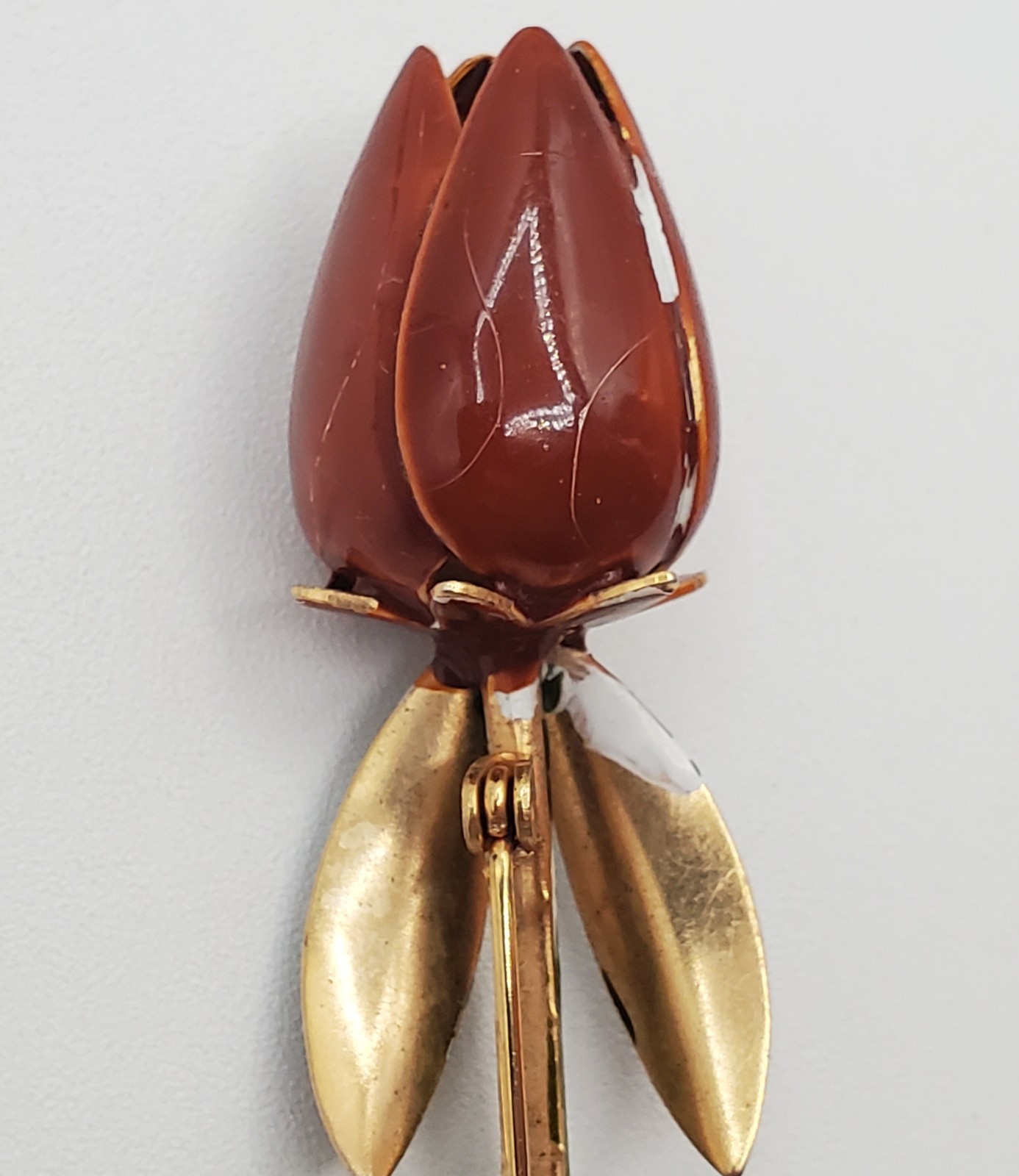 VTG Tulip Brooch 3in Brown Green Enamel Flower Stem Estate Parts Restore FLAW
