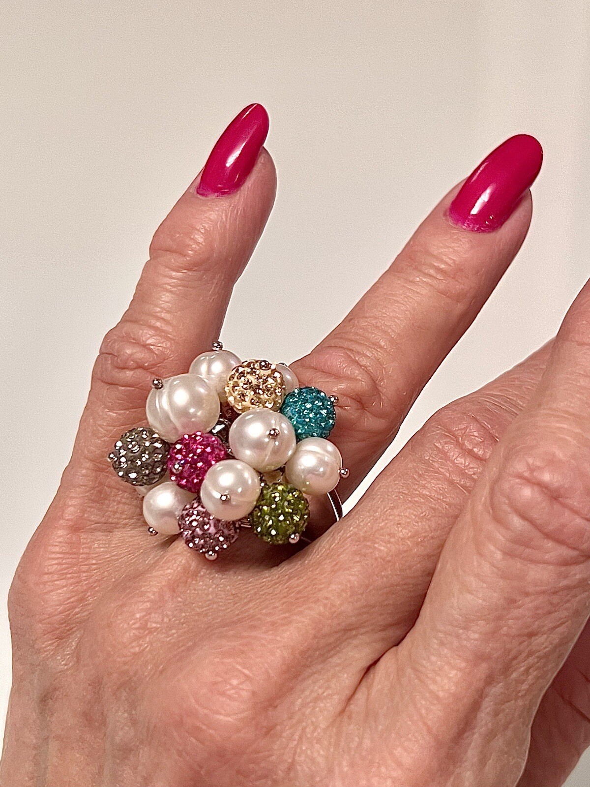 ROSS SIMONS~925 SS PEARLS W COLORED CRYSTAL BALL CLUSTER RING~SZ 7.25~15.7G