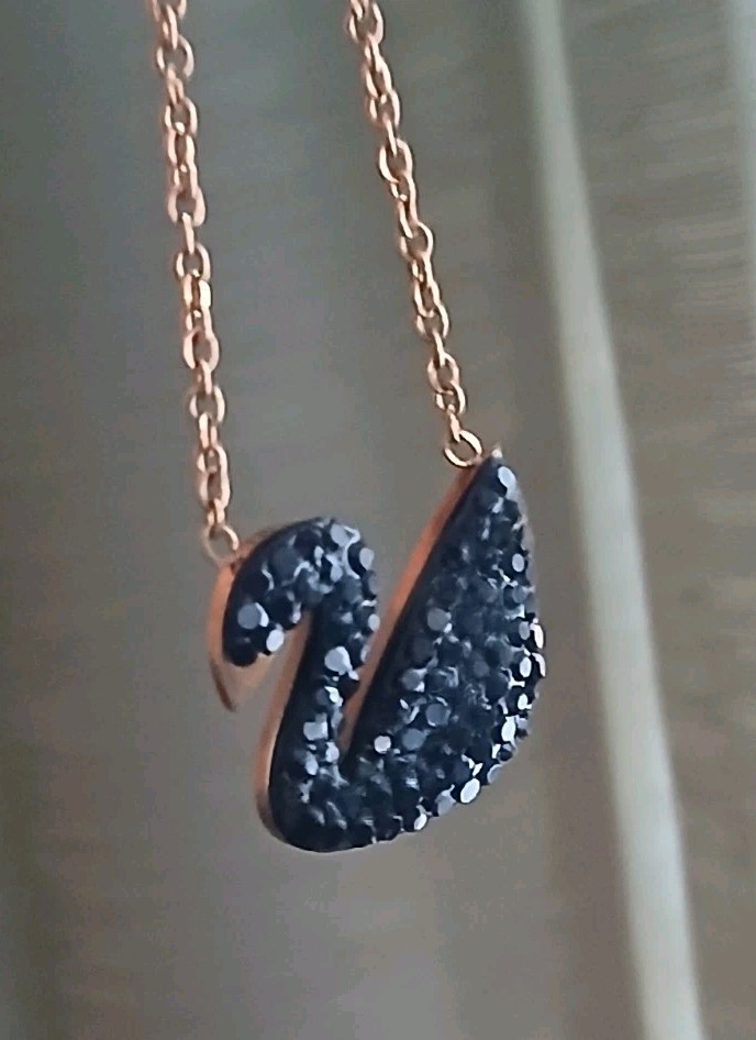 Black Swan W/Crystals Rosetone Stainless Steel Pendant Necklace 16-18″