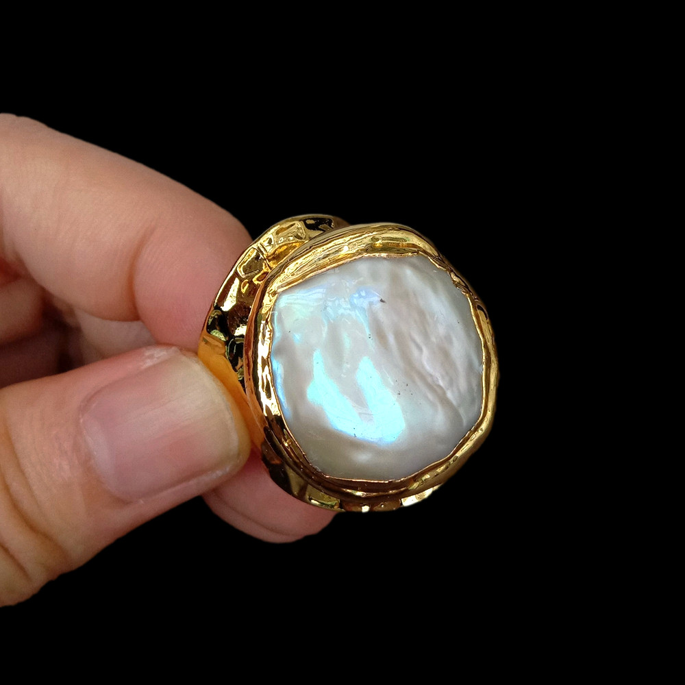 Cultured White Baroque Pearl Gold Plated Finger Ring Adjustable Rings For Women