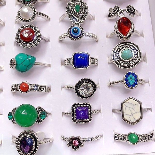 50pcs Bulk Lots Vintage Crystal Stone Mix Plated antique silver Jewelry Ring