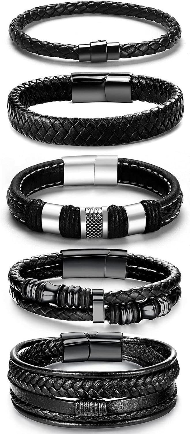 Adjustable Leather and Stainless Steel Bracelets