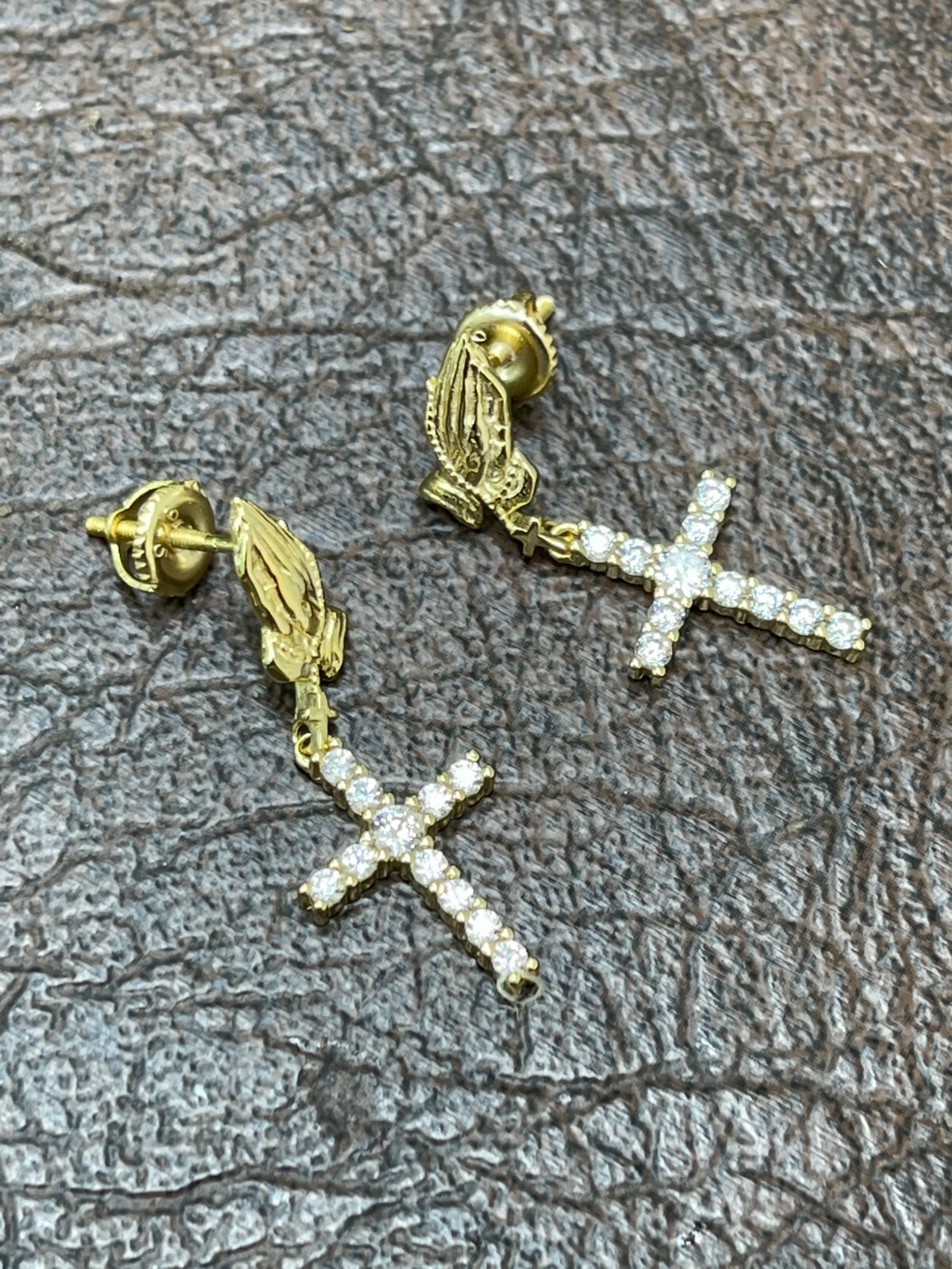 14k Gold Plated Real 925 Sterling Silver Praying Hands Cross Dangle Earrings
