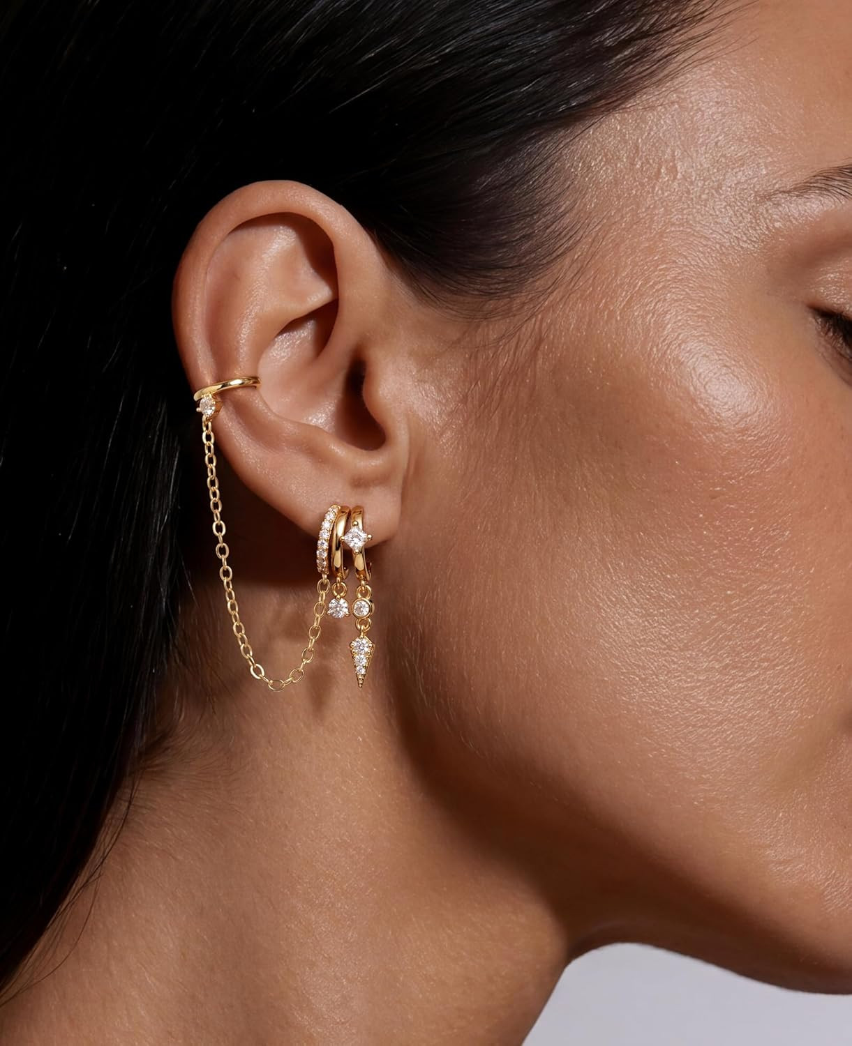 Triple Huggie Stacked Earrings for Women Gold Chain Drop Dangle Earrings Cute St