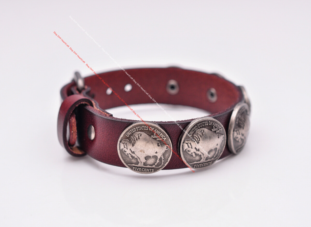 Western Buffalo Concho Veg Tan Brown Leather Wrap Bracelet Wristband Cuff Bangle