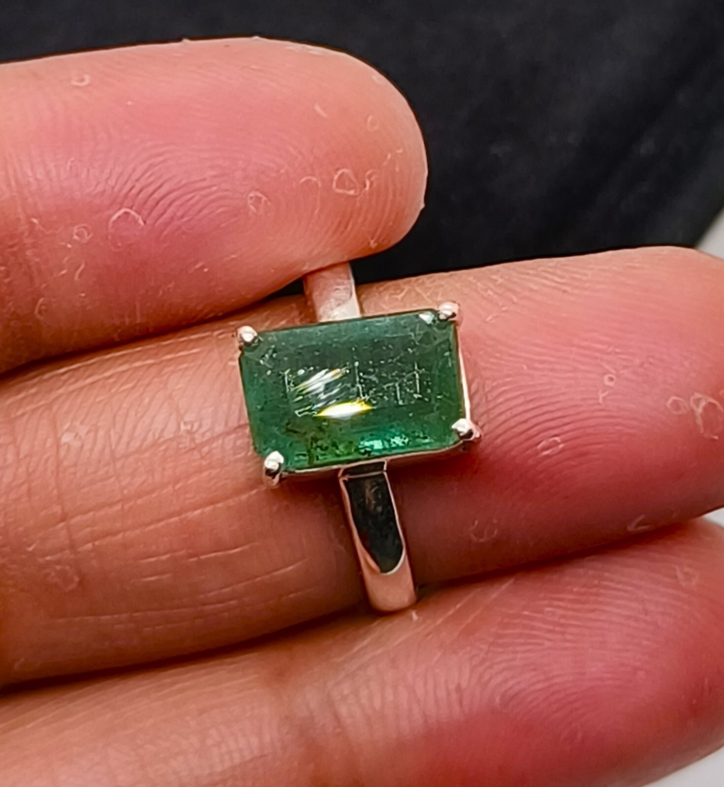Emerald Ring Silver Natural Emerald Zambia Green Emerald Ring Stone US Size 7