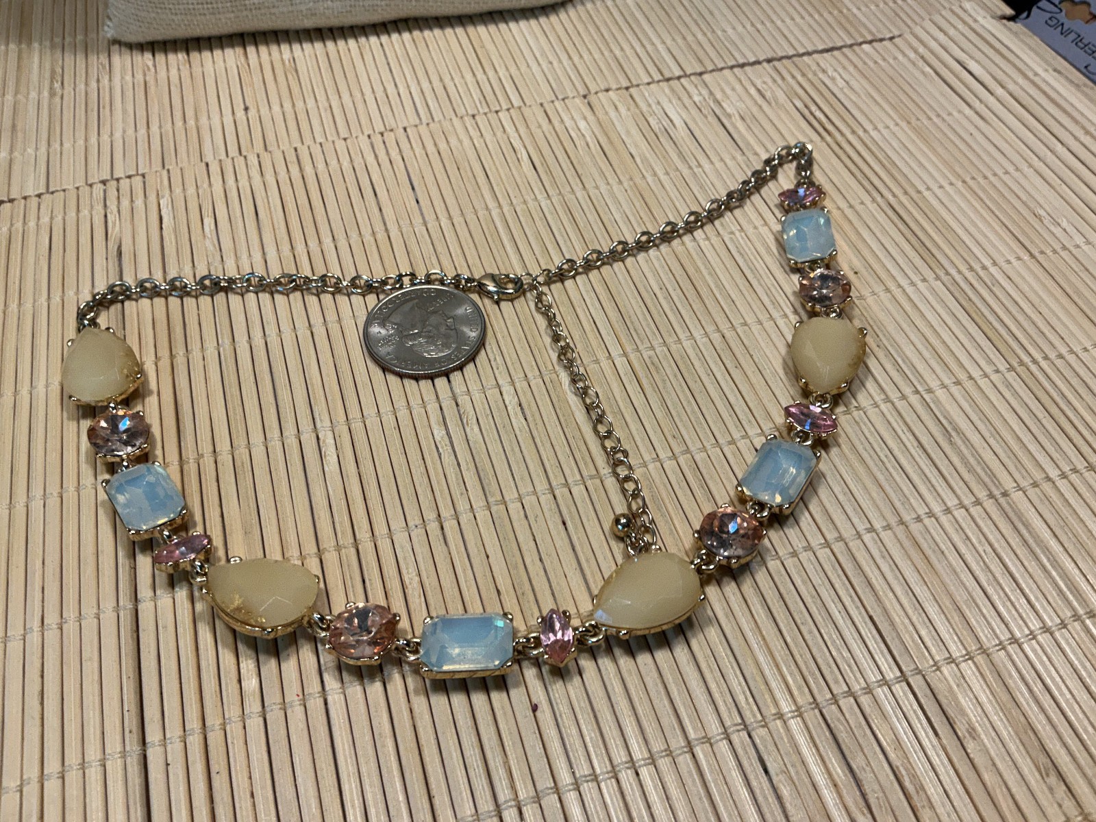 Fashion Necklace Gold Tone Opaline Pink Yellow Acrylic Rhinestone Lot 103D