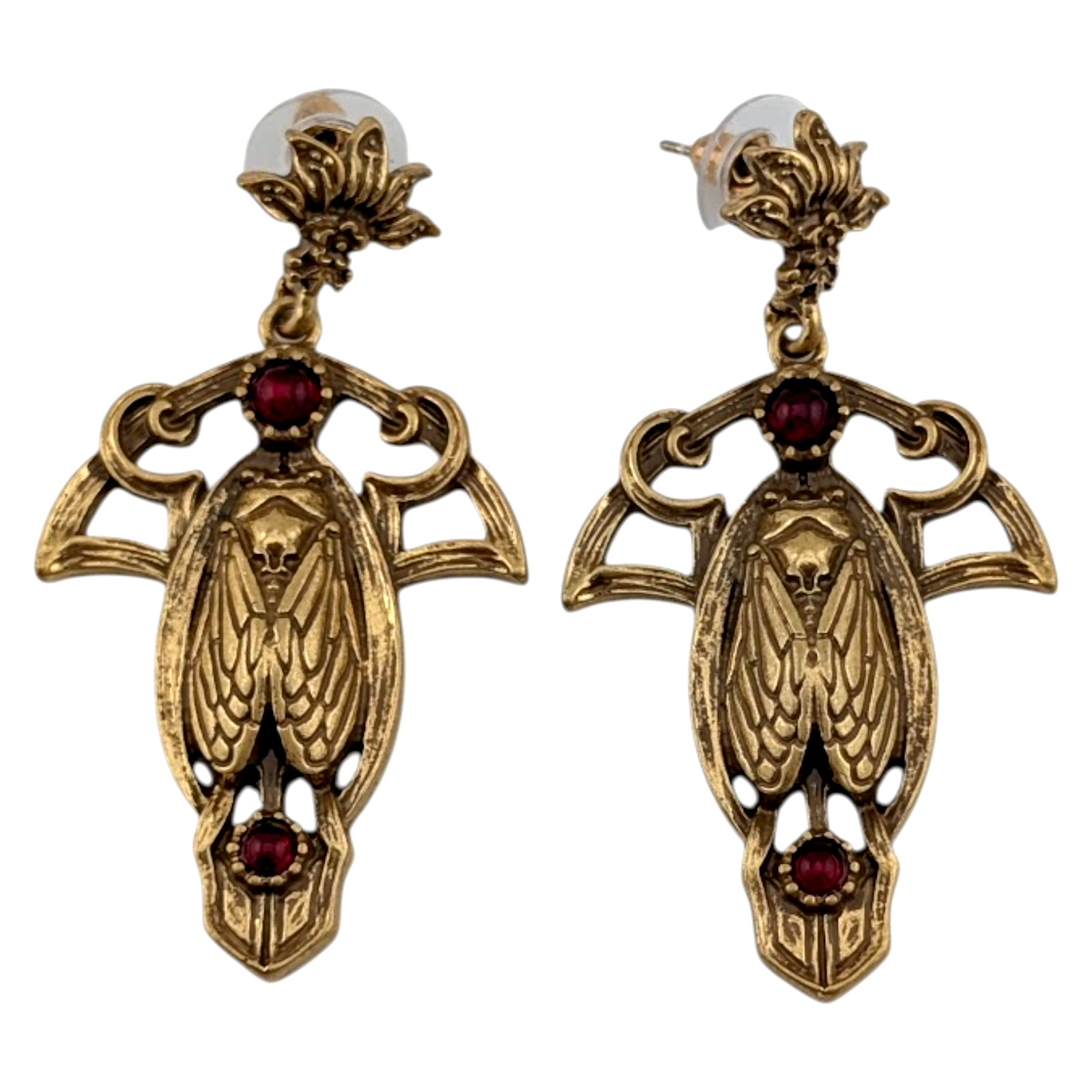 ART DECO CICADA EARRINGS brass insect & burgundy “stones” nouveau gothic S2