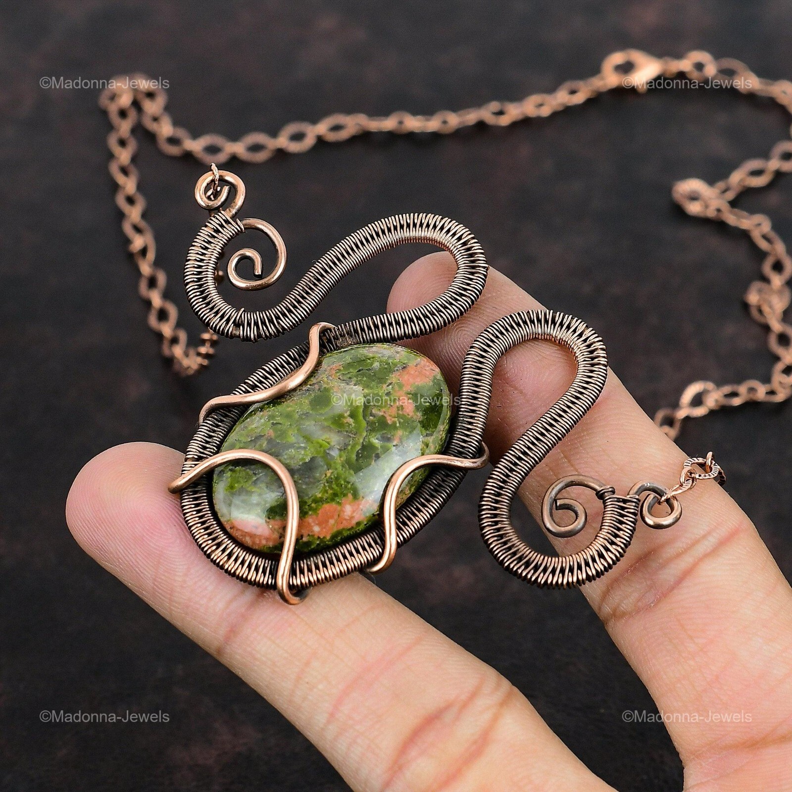 Copper Natural Unakite No Stone Chain Sister Wire Wrapped Engagement Necklace
