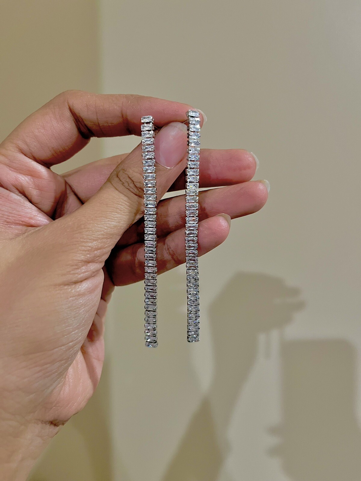 Very Long Silver Earrings Clear White Crystal Extra Long Earrings Rhinestone