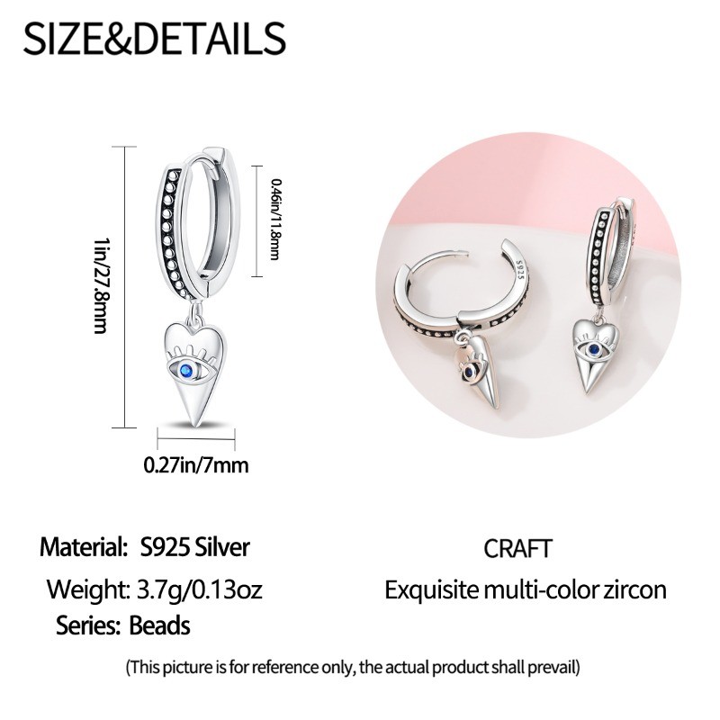 PANDACH 925 Sterling Silver Retro Heart Shape Evil Eye Drop Earrings For Women