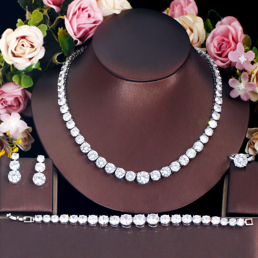 Silver Plated CZ Yellow Big Round Wedding Jewelry Necklace Earrings Bracelet Set