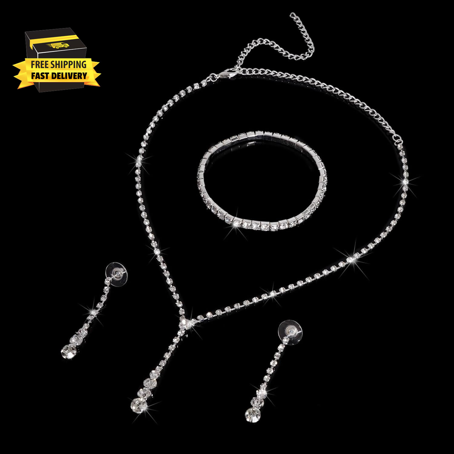 Women Jewelry Set Silver Necklace Earrings Bracelet Rhinestone Crystal Bridal We