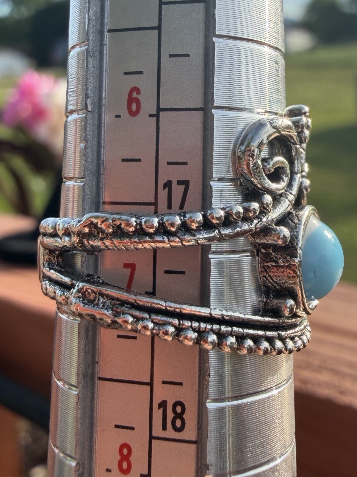 Silver Tone Adjustable Cocktail Ring Size 7 Blue Round Cabochon Bezel Set