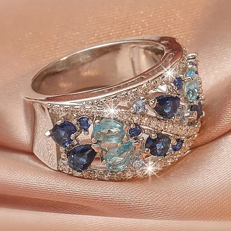 Elegant 925 Sterling Silver Blue White Topaz Wedding Engagement Ring Size 8