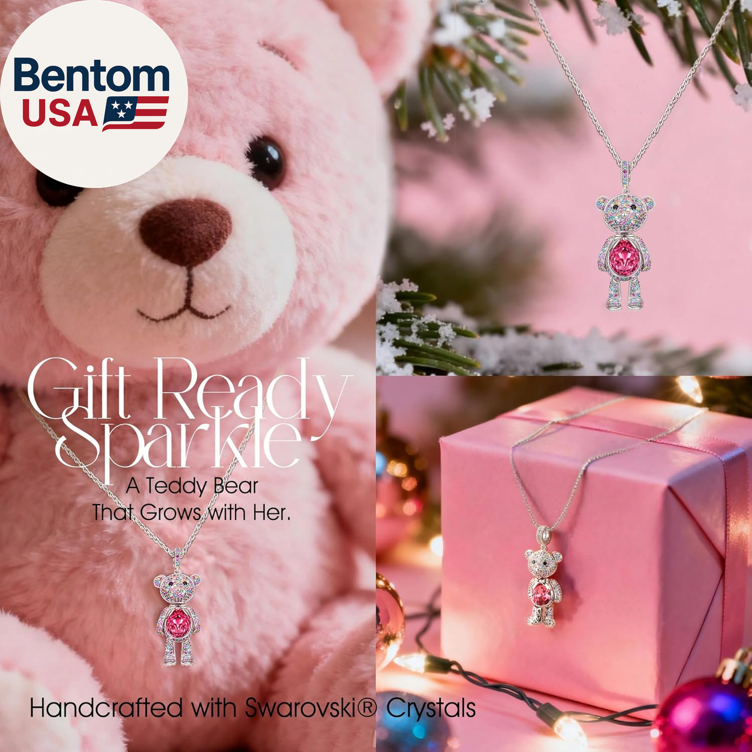 Teddy Bear Pendant Necklace for Girls – Created with Swarovski® Crystals, Movabl
