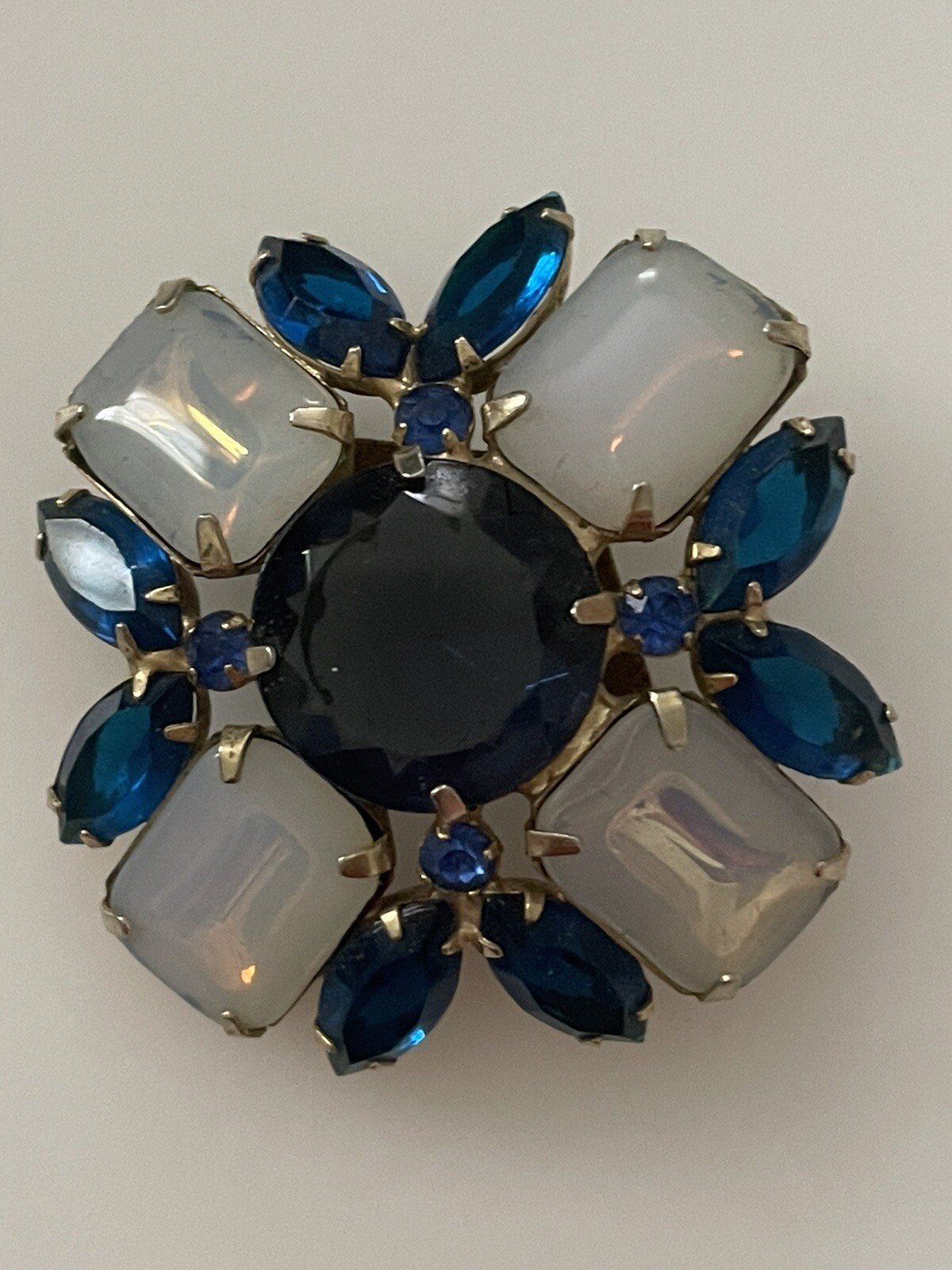 Vintage French Cut Glass Gems Brooch, Moonstone And Blues