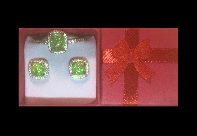 Gorgeous Green Fire Opal CZ Halo Square Earrings & Ring Size 11 Set