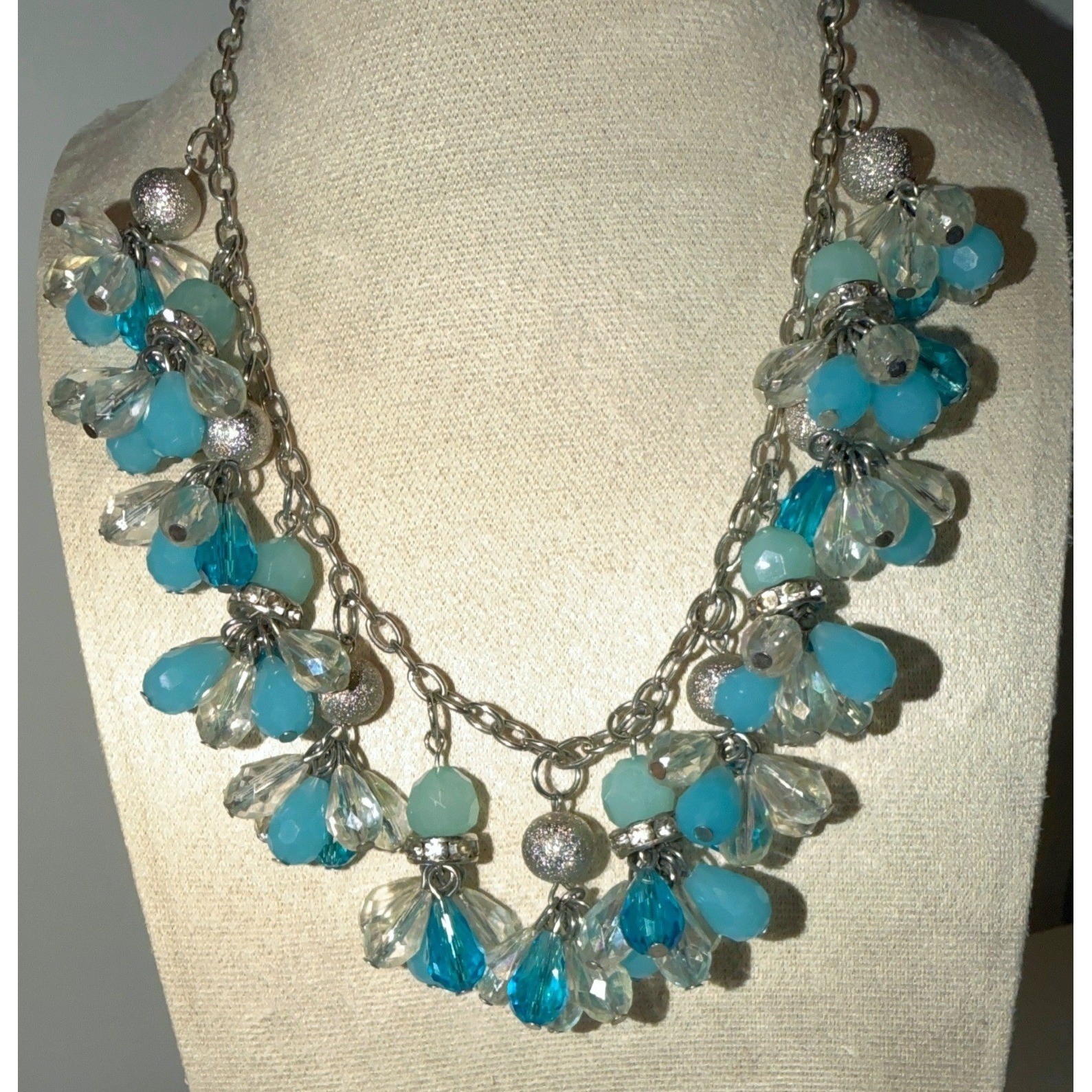 Blue Teal Clear Faceted Cluster Bead Necklace Silver Tone Chain 16-19″