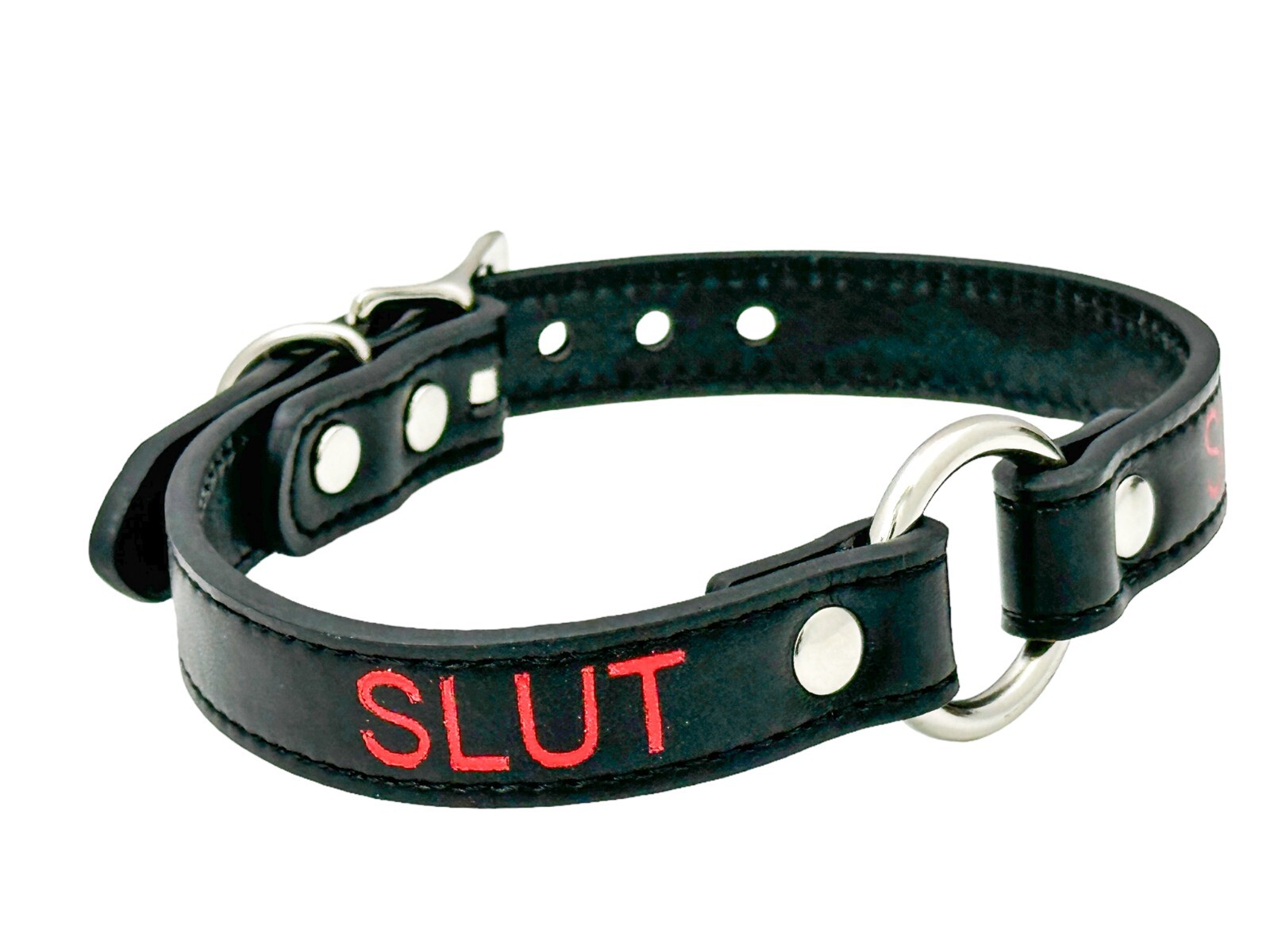 Name SILVER Ring RED Choker BDSM Collar Vegan Leather Necklace O Ring Fetish