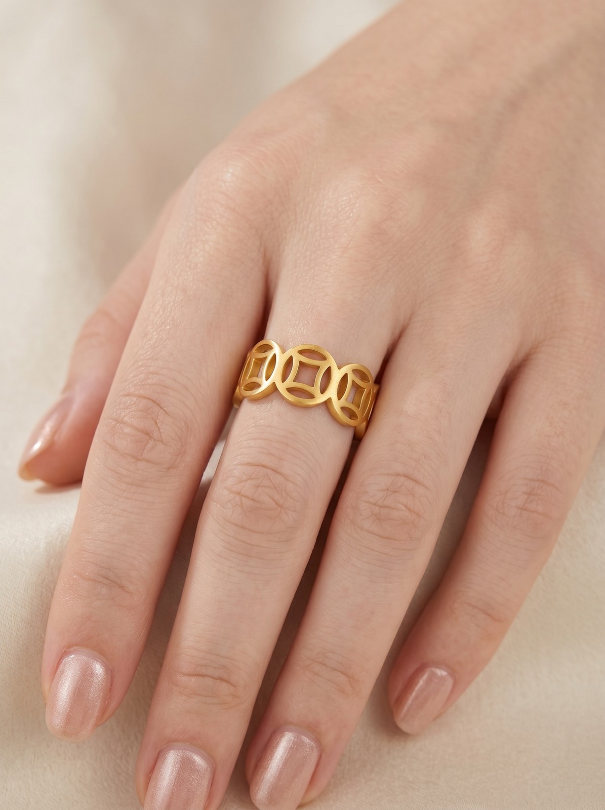 Chinese Coin Ring, Gold-Tone Band w/ Traditional Chinese Prosperity Symbol