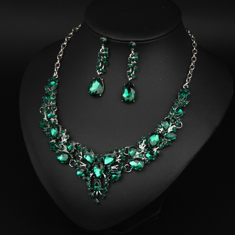 Crystal Gem Necklace Earrings Bridal Jewelry Set Statement Christmas Party Gift