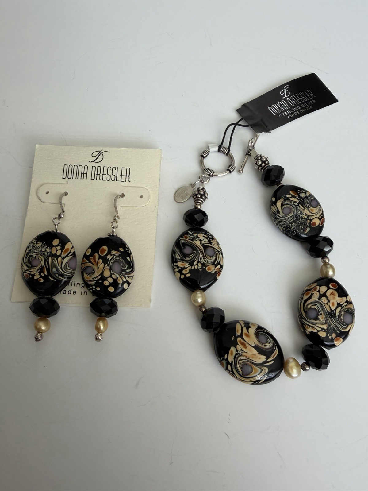 Donna Dressler NWT 925 Artisan Lampwork Glass & Pearl Bracelet &Earrings set!