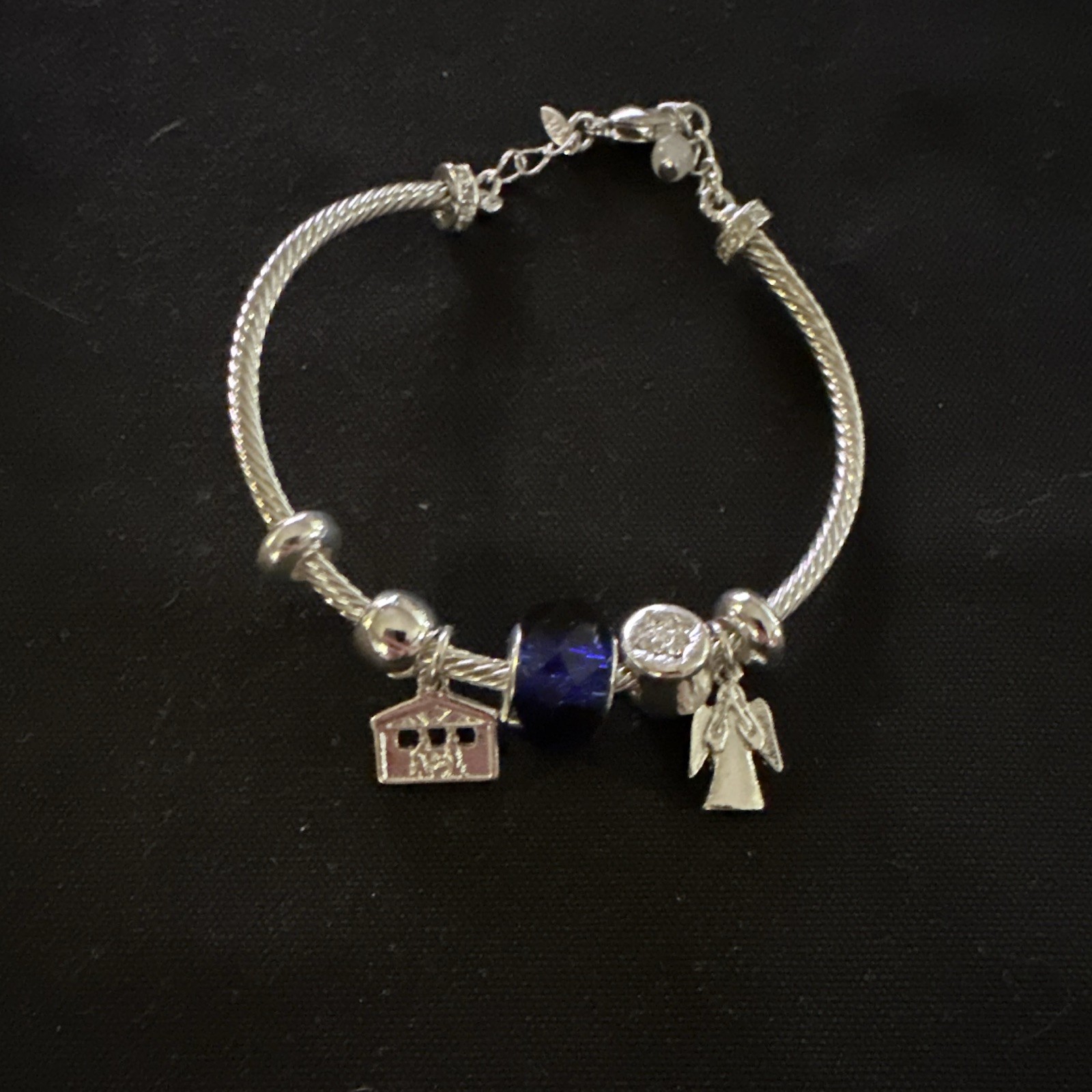 Avo STUDIO 1886 Silver Tone Snake Chain Charm Bracelet Blue Bead Lobster Clasp