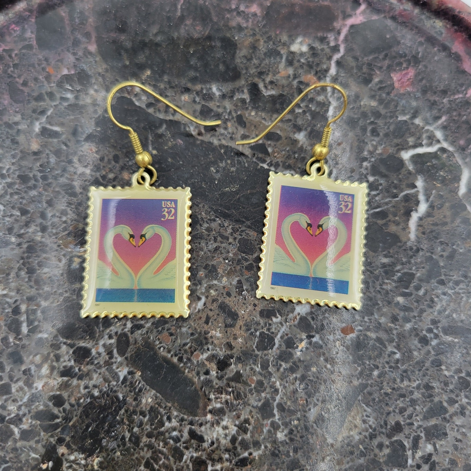 Swan Love 32 Cent Stamp Dangle Earrings Heart Gold Tone Postage Mail USA
