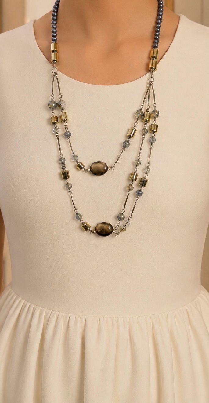 Silver-colored multi-strand crystal necklace in light blue, transparent, and gra