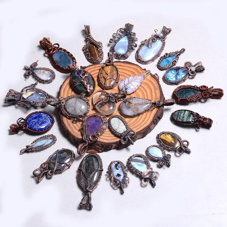 Natural Handmade Mix Gemstone Copper Wire Wrap 10 Pcs Lot Pendant Jewelry Reiki