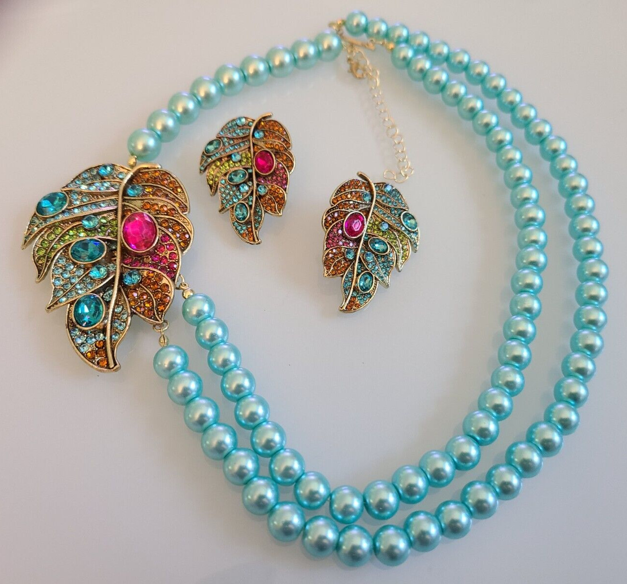 DESIGNER STYLE UNSIGNED AUTUMN LEAVES NECKLACE EARRINGS SIDE WORN SET WOW