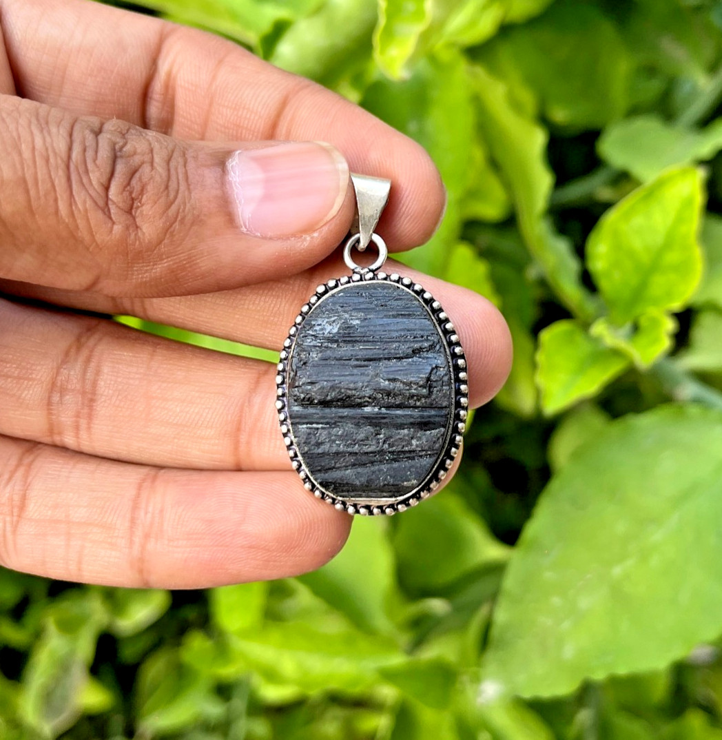 Raw Black Tourmaline Necklace Natural Protection Crystal Pendant 24 Inch