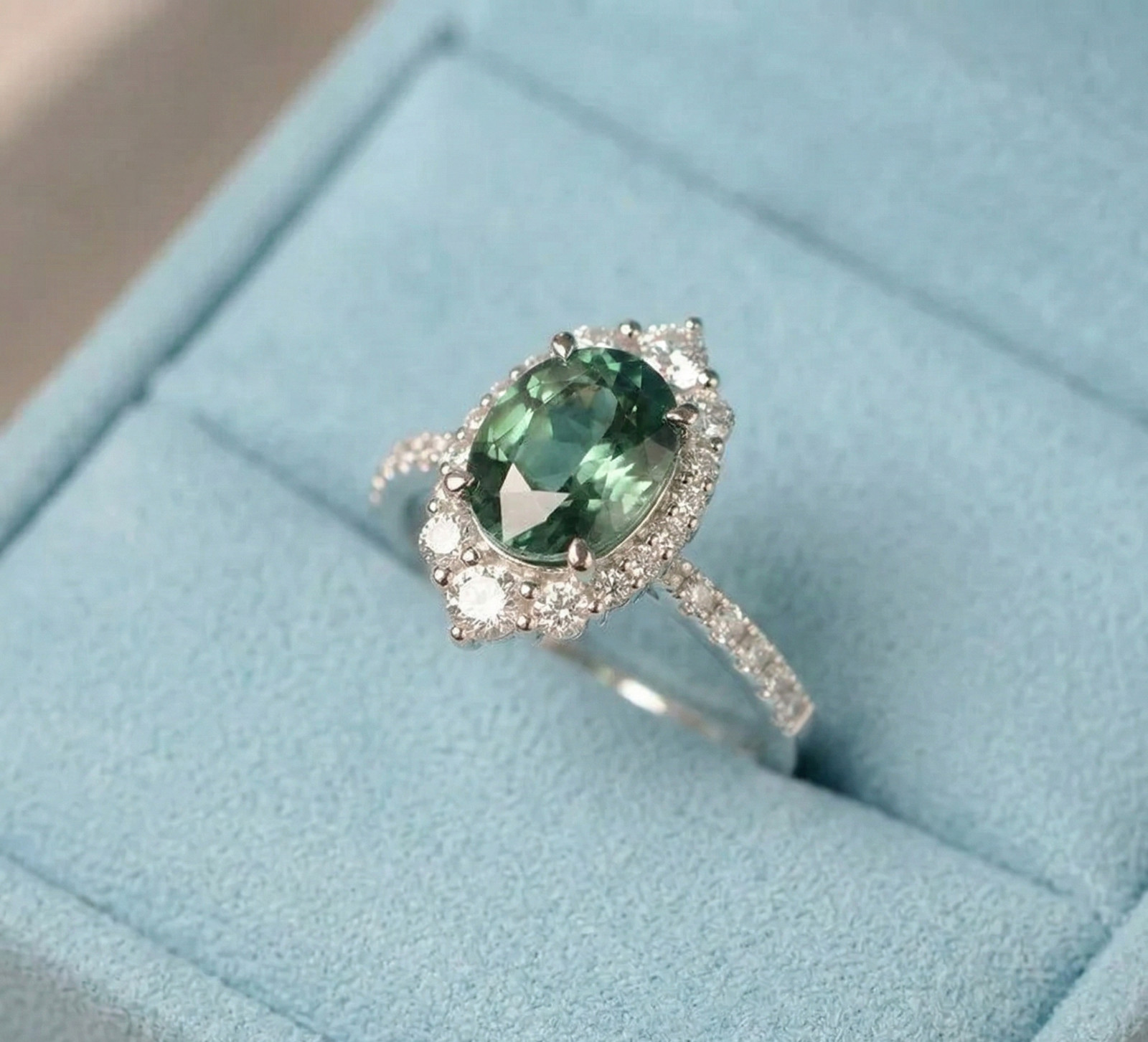 Oval Green Sapphire Halo Ring, 925 Sterling Silver Art Deco Engagement Ring