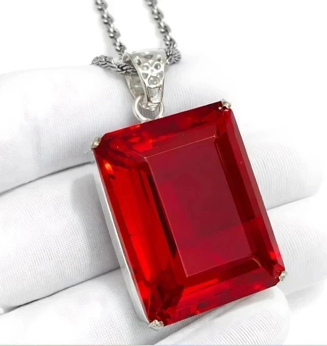 Natural 60.20 Ct Emerald Cut Red Topaz Pendant sterling Silver Jewelry
