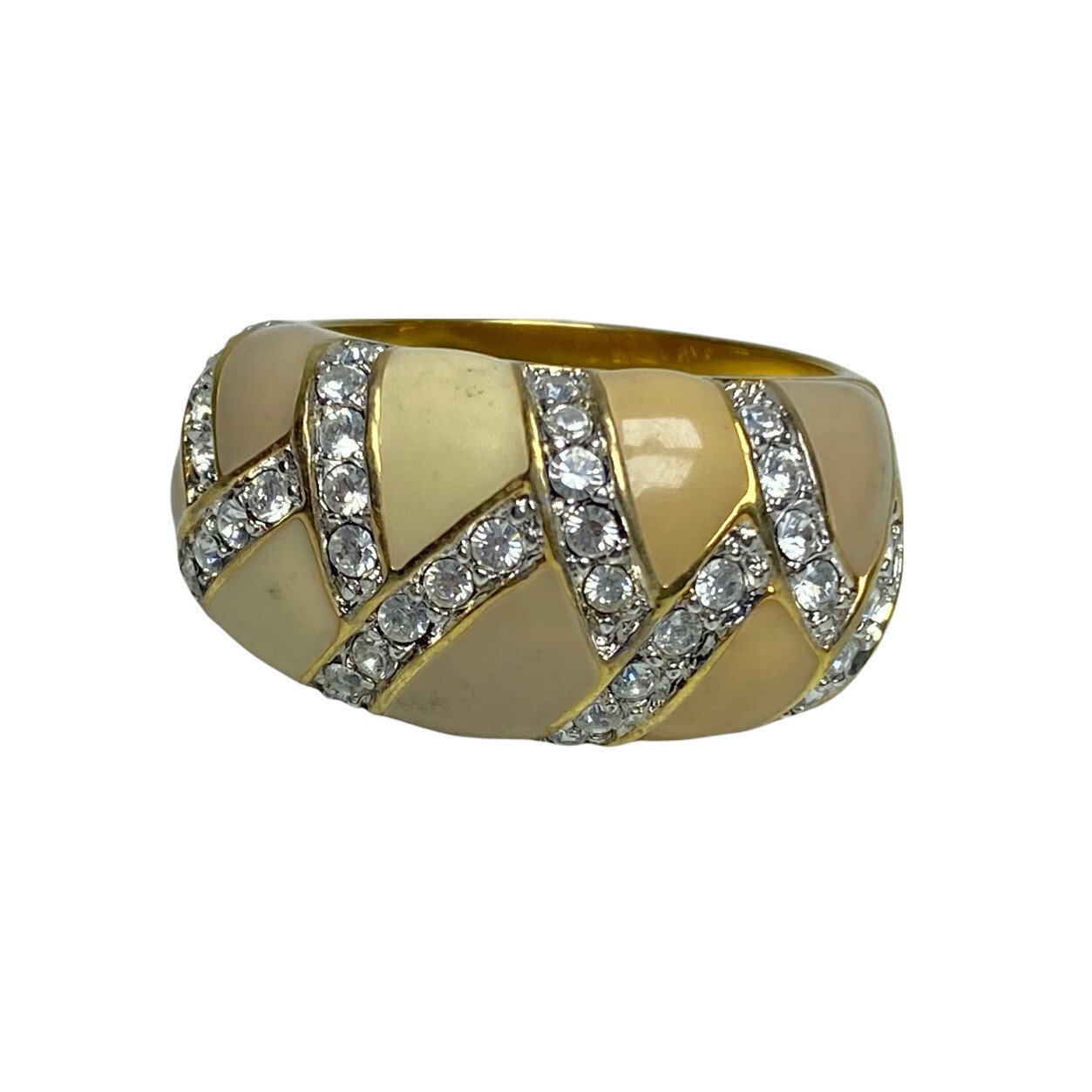 Signed JOAN RIVERS Thick Enamel Rhinestone Ring Gold Tan Beige PICK SIZE 6-7-8-9