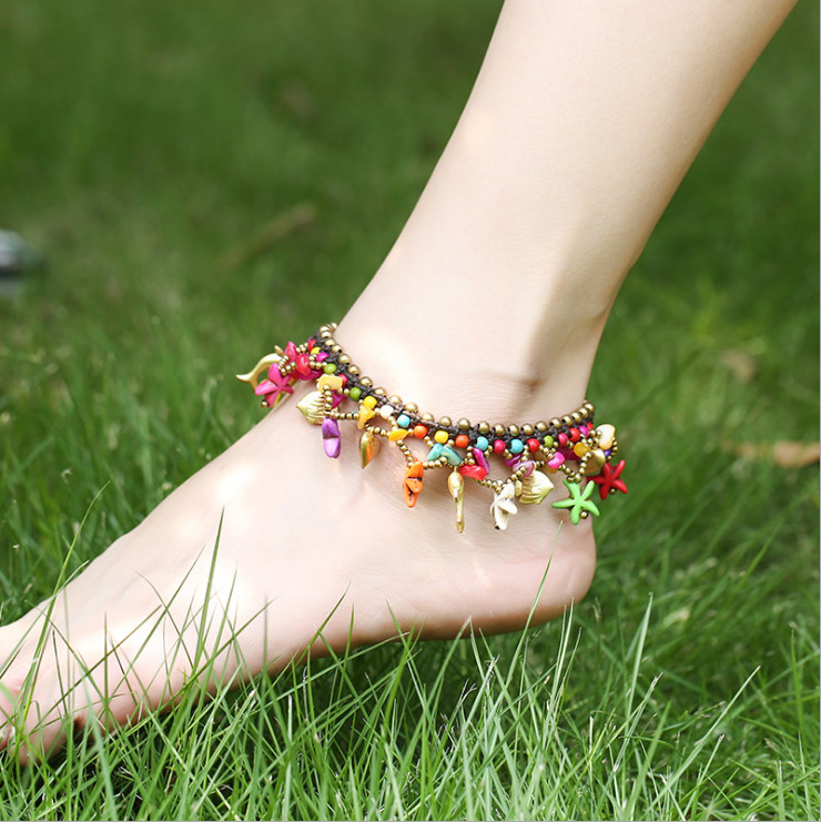 Bohemia Turquoise Copper Bead Bell Wax Rope Ocean Foot Anklet Bracelet 8-9.2″