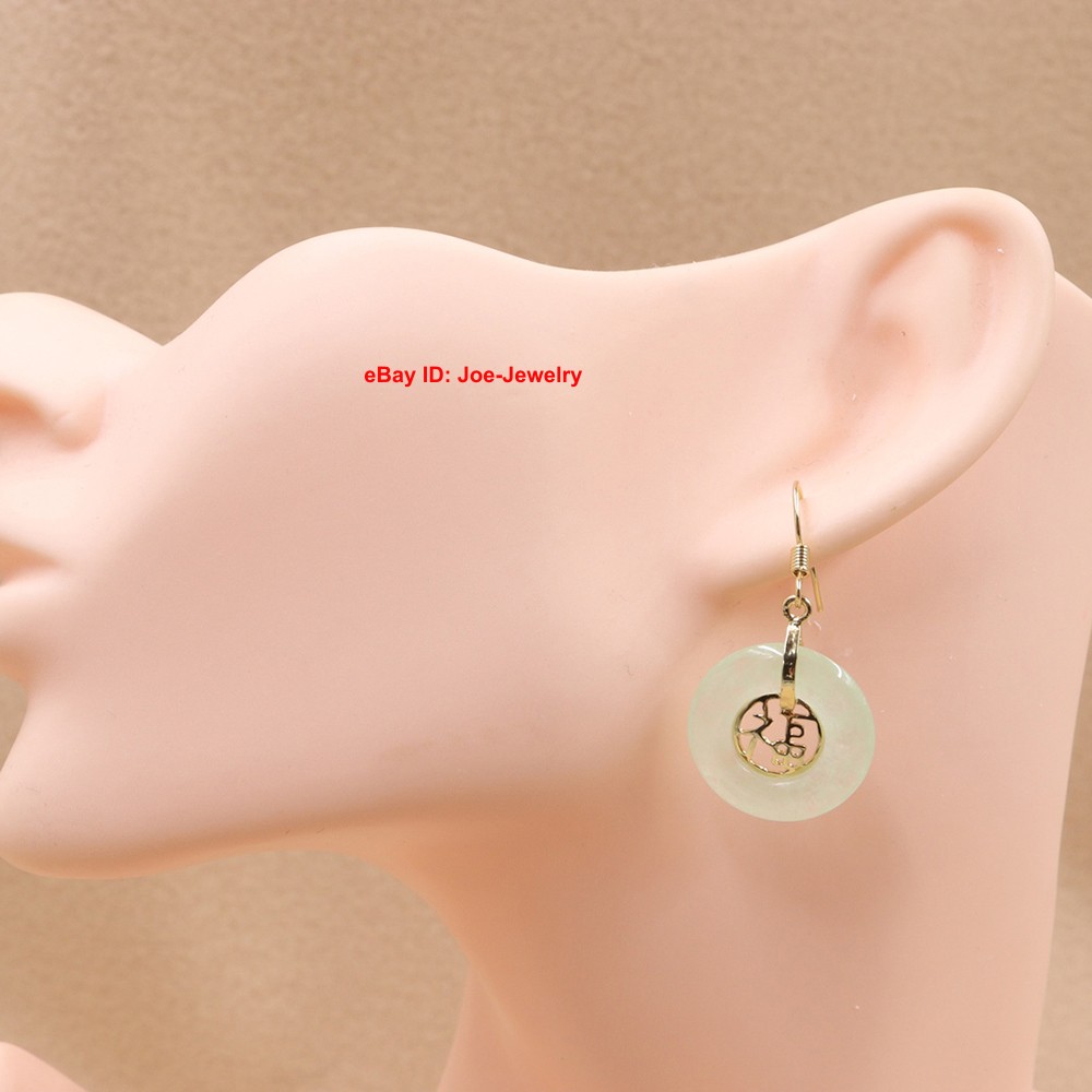 New Gold Plated Heated Light-Green Jade 福 Circle Dangle Earrings 38mm H
